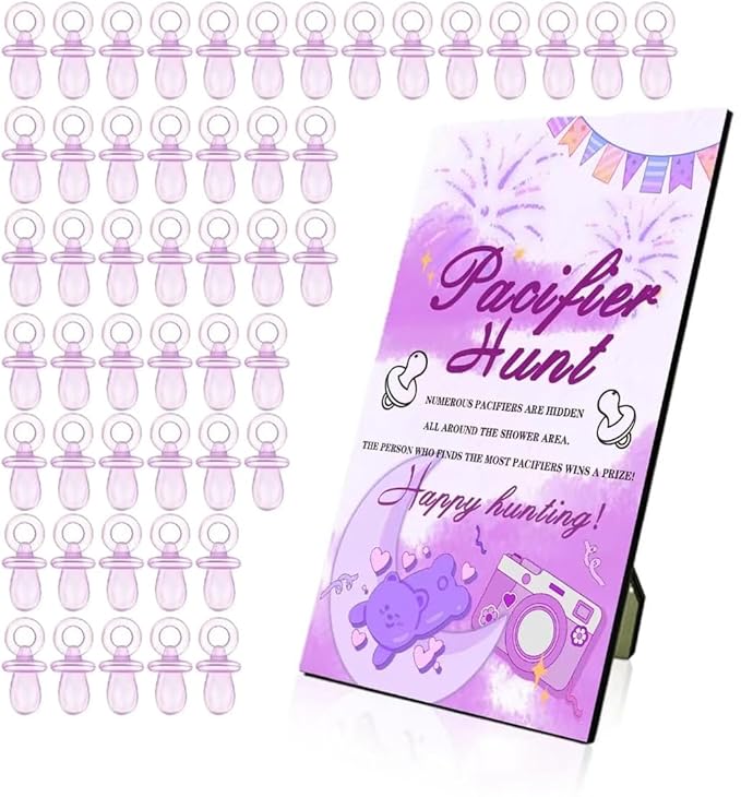 Baby Shower Games, Baby Shower Decorations, 1 Baby Pacifier Hunt Sign and 50 Acrylic Pacifiers for Gender Reveal Games (Purple)
