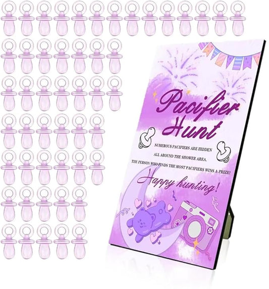 Baby Shower Games, Baby Shower Decorations, 1 Baby Pacifier Hunt Sign and 50 Acrylic Pacifiers for Gender Reveal Games (Purple)