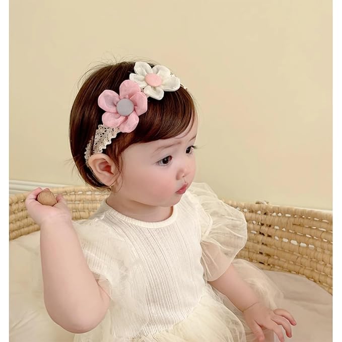Baby Girls Hairbands Lace Flowers Headband Handmade Soft Stretchy Colorful Flower Hairband Newborn Headbands with Pearls Elastic Hairbands for Infant Head Band (Pink and White Flowers)