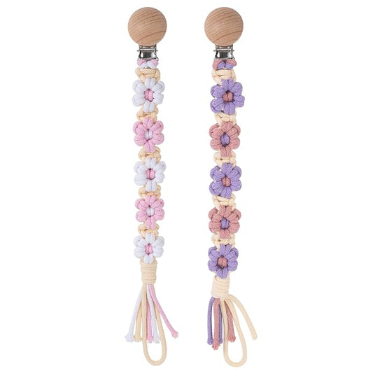 Pacifier Clip for Boys Girls Floral Daisy Macrame Baby Paci Clip Pacifier Holder Leash Boho Wooden Clips Handmade Braided Cotton Binky Clips (2pack:Pink Daisy & Lavender Style B)