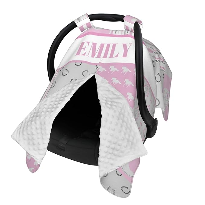 Personalized Baby Car Seat Canopy for Babies with Name, Custom Car Seat Covers for Girls, Infant Opening Minky Nursing Breastfeeding Stroller Cover Carseat Canopies for Newborn (Horse Pink)