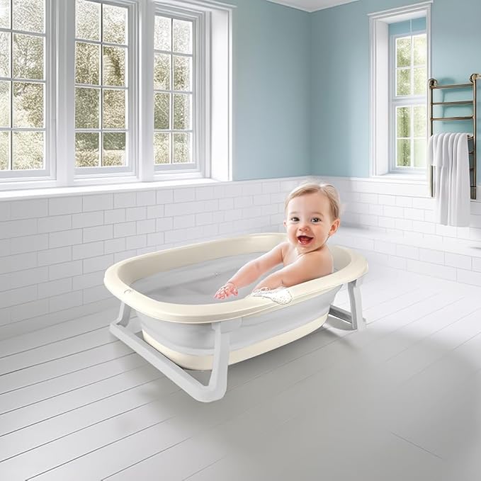 Dolu Nuve Foldable Baby Bathtub, Collapsible Infant and Toddler Bath Tub with Non Slip Feet, Portable Design for Bathroom or Travel, Relax Beige