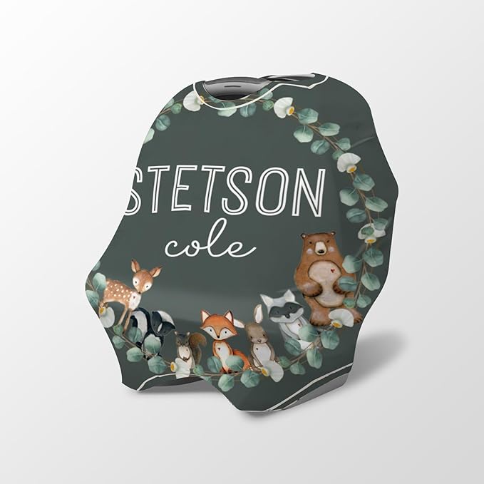 Personalized Baby Car Seat Cover Stroller Canopy: Custom Name Newborn Baby Boy Girl Elastic Woodland Animals Nursing Cover for Moms First Birthday Gift Dark Green(one Size)