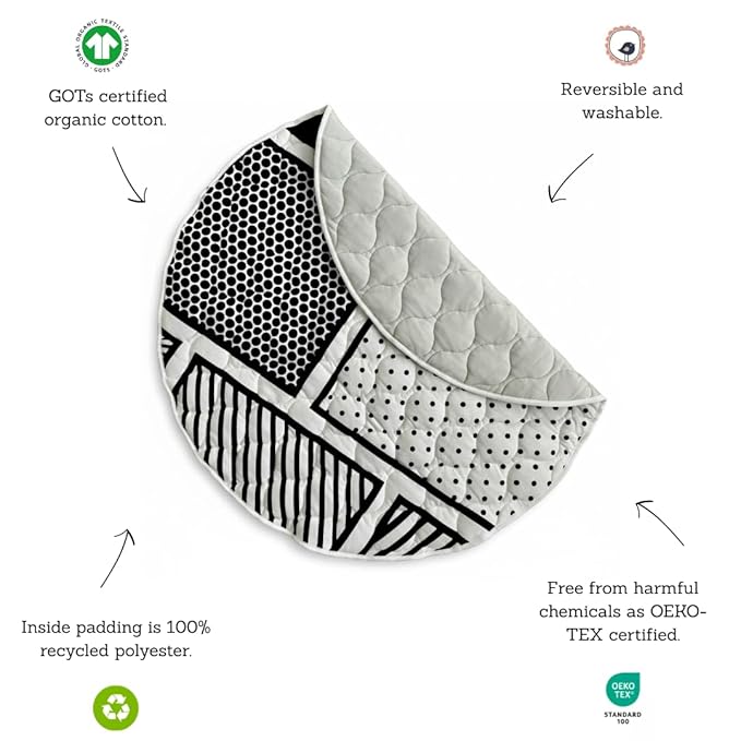 Byrd & Blume Round Baby Play Mat, Reversible Quilted Organic Cotton, High Contrast Black & White Play Mat, Soft Non Toxic Nursery Rug, Foldable Portable, 40 Inch