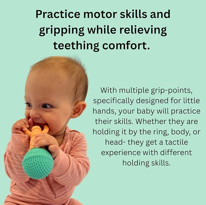 Microphone-Shaped Silicone Baby Teether - BPA Free, with Rattle, Musical/Singing Toy, Dishwasher & Freezer Safe, Easy-to-Grip Teething Shaker Toy for Newborns, Infants, Toddlers. (Teal Peach)