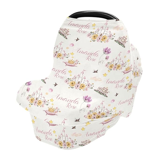 Personalized Baby Car Seat Cover for Girls, Custom Nursing Covers for Breastfeeding with Name, Princess Floral Infant Stroller Cover, Baby Carseat Canopy for Newborn, Multiuse Car Seat Canopies