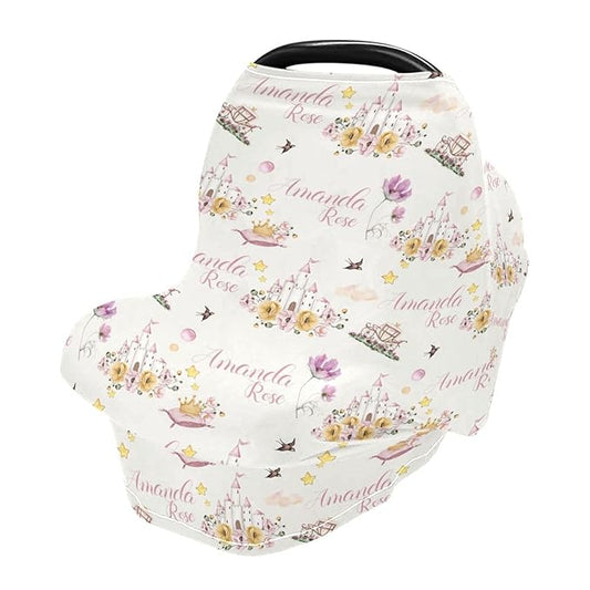 Personalized Baby Car Seat Cover for Girls, Custom Nursing Covers for Breastfeeding with Name, Princess Floral Infant Stroller Cover, Baby Carseat Canopy for Newborn, Multiuse Car Seat Canopies