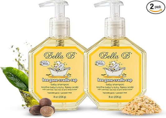 Bella B Bee Gone Cradle Cap Shampoo 8oz (2-Pack), Natural & Organic Baby Shampoo Made with Aloe Vera, Oatmeal & Vitamin E | Ideal for Cradle Cap Treatment, Natural Dry Scalp Treatment & Hypoallergenic