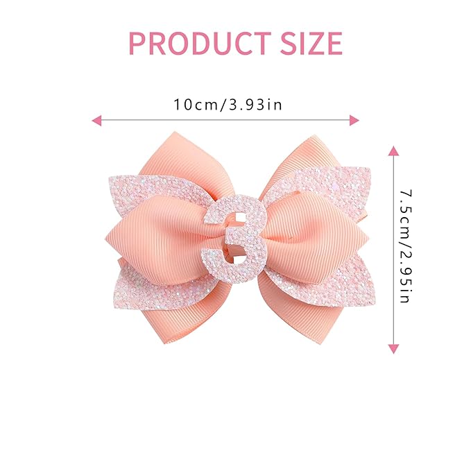 Pink Birthday Hair Bow for Baby Girls - 2Pcs Peach-pink Sprinkle Hair Clips for 3rd Birthday Glitter Baby Bow Party Decorations for Girls Toddlers Hair Accessories