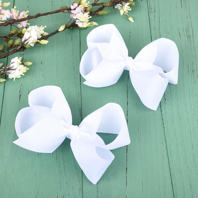 DEEKA 12 PCS 6" Big Hand-made Grosgrain Ribbon Hair Bow Alligator Clips Hair Accessories for Little Teen Toddler Girls - White/Black