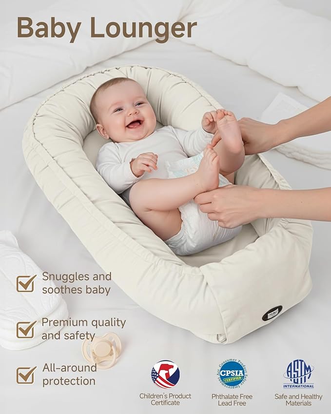 Baby Lounger, Adjustable Baby Lounger for Newborn 0-24 Months, Breathable & Soft Infant Lounger,Tummy Time Lounger for Home and Travel,Baby Girls & Boys Babies Stuff, Mother's Day Gift for Her, Beige