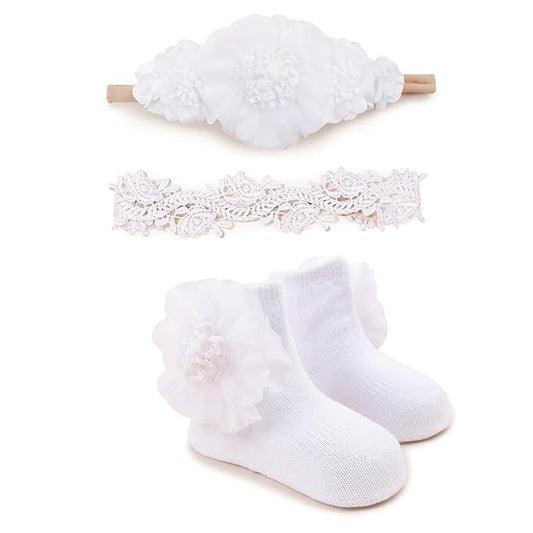 cherrboll Baby Girl Headbands and Socks Set, 3Pcs Soft Floral Hairbands Hair Bows Knit Socks for Newborn Infants Toddlers Photography Props Gifts