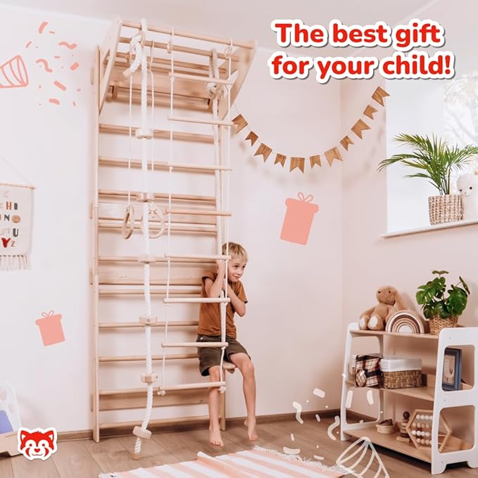 Woodandhearts Swedish Ladder for Kids with Rope Accessories - Indoor Jungle Gym, Indoor Jungle Gym for Kids Ages 3-16, Indoor Climbing Gym (Swedish Ladder of 3 Parts (Natural Wood Color))