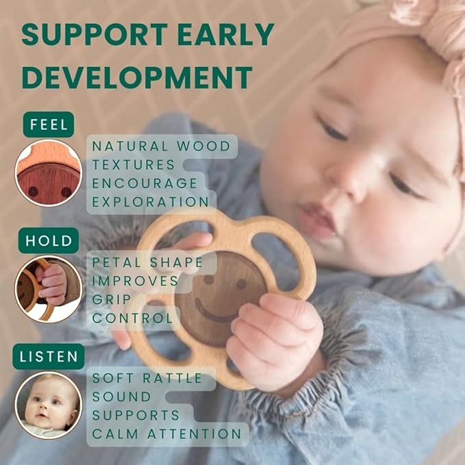 Wooden Baby Rattle & Teething Ring Flower | Natural Montessori Teething Toy Babies 0-3 3-6 6-12 Months | Non-Toxic Organic Hardwood Teether | Safe Sensory Toy Boys Girls | Baby Gift