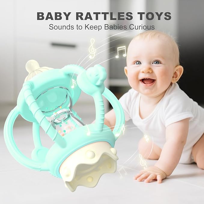 Teething Rattles for Babies 0-6 Months 6-12 months, Silicone Rattle Teether with Pacifier, Baby Montessori Toys 6-18 Months, Infant & Toddler Molar Teething Relief, Boys Girls Essential Gifts (Mint)