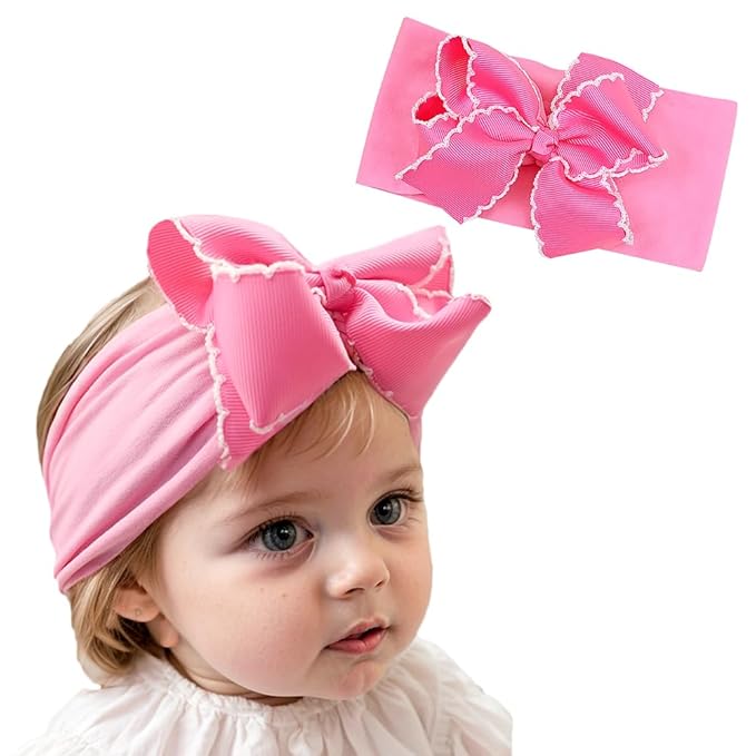 Baby Girl Soft Nylon Bow Elastic Headband Turban Toddler Infant Bow-knot Stretchy Hair Band Birthday Party Hair Bow Ribbon Accessories for Newborn Baby (Bow 1 - Rose pink, Elastic)