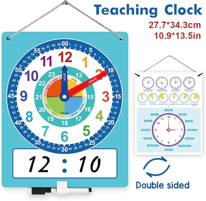 Richardy Telling Time Write & Wipe Teaching Demonstration Clock Learning Clock for Analog and Digital Time Labelled Minute & Hour Hands Kids Montessori Learning Toys