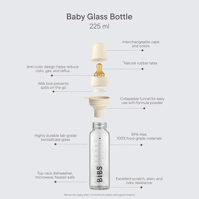 BIBS Baby Glass Bottle Complete Set 225 ml | BPA Free Natural Rubber | Made in Denmark | Sage