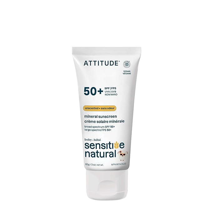 ATTITUDE Sensitive Skin Baby Mineral Sunscreen SPF 50, Broad Spectrum Zinc Oxide, EWG Verified, Mineral-Based, Non-Nano, Lightweight Cream for Face & Body, Unscented, 3 Oz