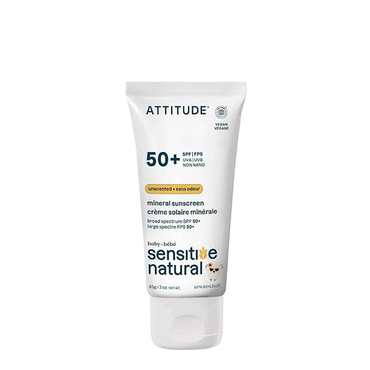 ATTITUDE Sensitive Skin Baby Mineral Sunscreen SPF 50, Broad Spectrum Zinc Oxide, EWG Verified, Mineral-Based, Non-Nano, Lightweight Cream for Face & Body, Unscented, 3 Oz
