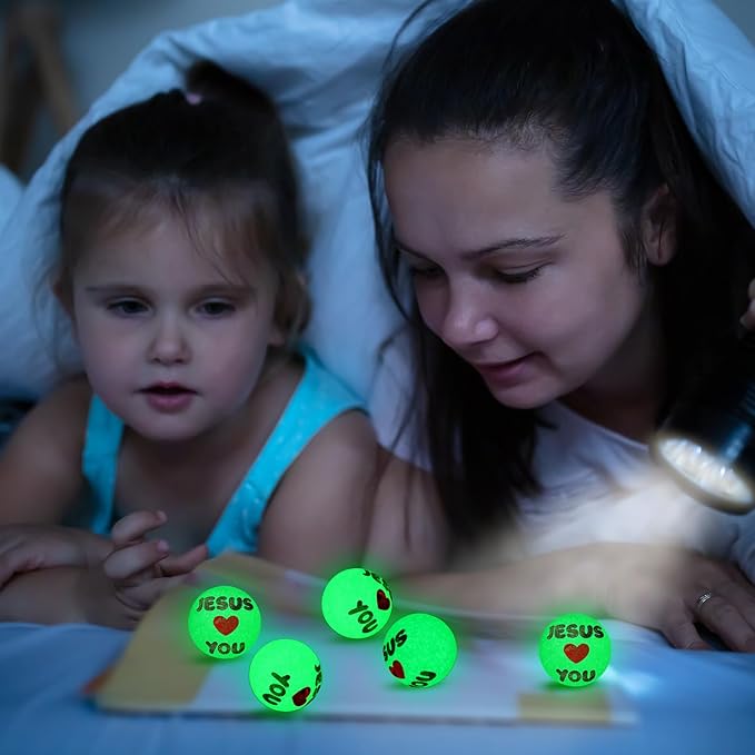Seenelling 24 Pcs Christian Glow in the Dark Bouncy Balls Easter Jesus Bible Verse Rubber High Bouncing Balls Christian Party Favor Religious Classroom Gifts (Jesus,Green)