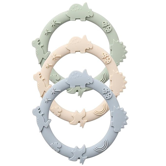 Silicone Teethers for Babies 0-6 6-12 Months Teething Toys for Infants Baby Chew Toys for Sucking Needs Baby Teething Rings for Infant Boys and Girls 3 Pack-Dinosaur-Blue