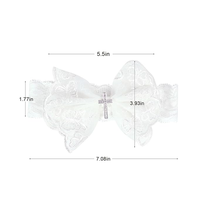 2 Pcs Baby Girls Baptism Christening Headbands Newborn Infant Toddlers Flower Crown Lace Bow Hairband (Cross Rhinestone)