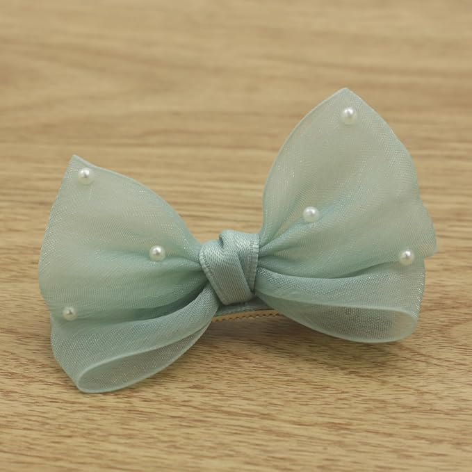 Nihao Baby Pearl Light Green Bow Hair Clips for Little Girl - 2Pcs