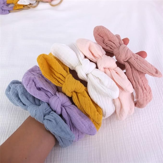 Sugarmelon Original Cotton Gauze Headband for Newborn Toddler Infant Baby Girl Kids Muslin Cotton Hair Bow Headbands Turban Elastic Hair Bands (6 pcs Knot Headband)