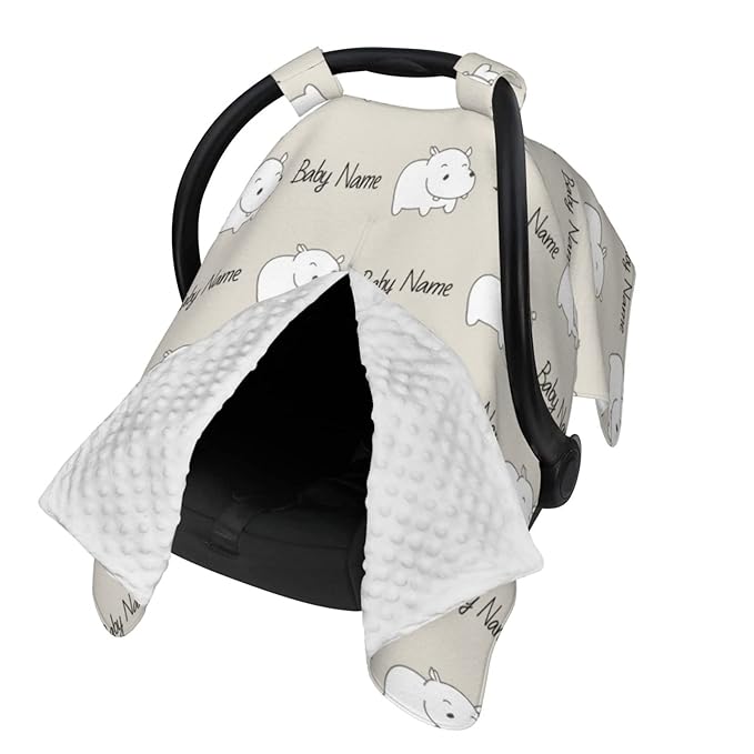 Personalized Lovely Hippo Baby Infant Car Seats Canopy for Babies with Name, Custom Car Seat Covers for Baby Boys Girls, Peekaboo Minky Nursing Breastfeeding Stroller Canopies for Newborn