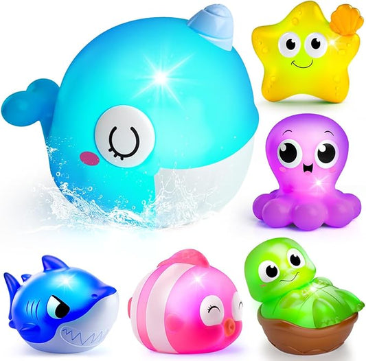 Light Up Bath Toys for Kids Ages 1-3, Pool Toys for 1 2 3 Year Old Girl Boy, Water Activated Bath Toys for Toddlers 3-5, Glowing Bathtub Toys for Baby Boy & Girl Gifts, 6 Pack