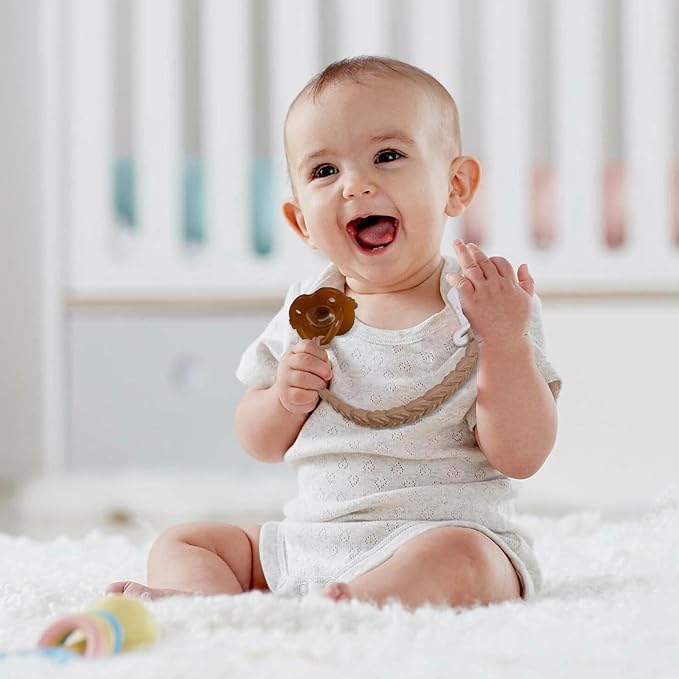 4 Pcs Brown Baby Silicone Teething Pacifier Clip,One-piece Design,Woven Shape,BPA Free.