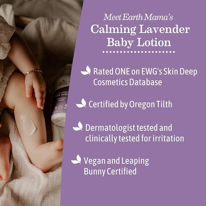 Earth Mama Calming Lavender Baby Lotion for Dry Skin, Calendula Cream for Newborn Skin Care, Children's Moisturizer with Aloe Juice, Rooibos, & Shea Butter, Lavender Lotion, 8 Fl Oz