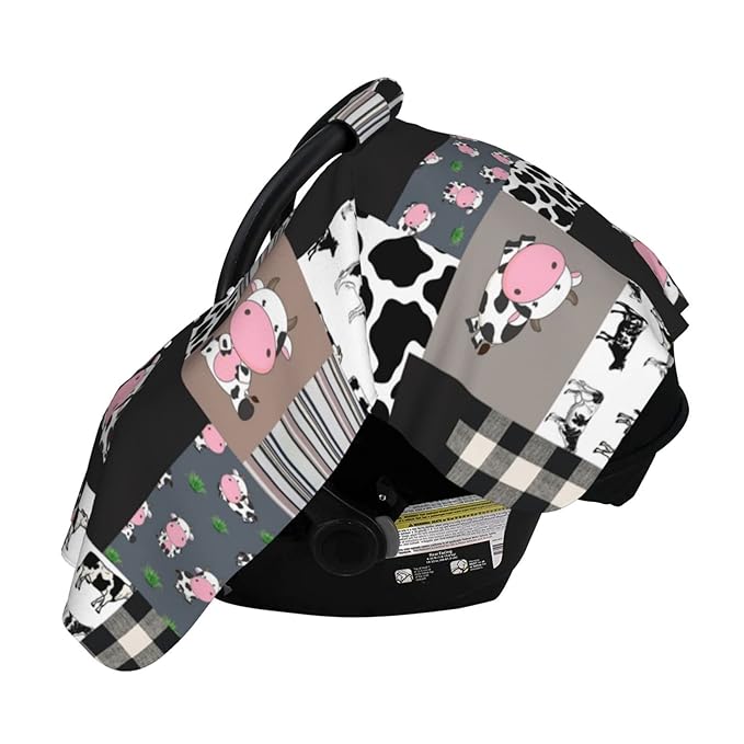 Personalized Cute Cow Baby Car Seat Canopy for Babies with Name, Custom Cow Stripes Car Seat Covers for Girls Boys, Peekaboo Opening Minky Nursing Cover Infant Car Seat Canopies for Newborn
