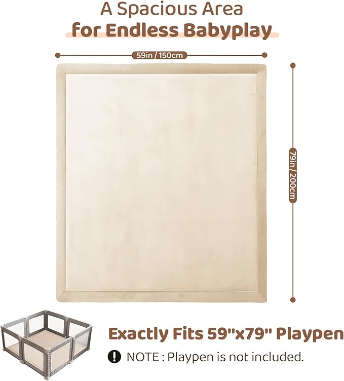 Baby Play Mat for Floor, 1.3 Inch Thick Memory Foam Tummy Time Mat with Non Slip Backing, Soft Coral Velvet 59X79 Inch Playpen Mat Crawling Tatami for Infants Toddlers Kids, Beige