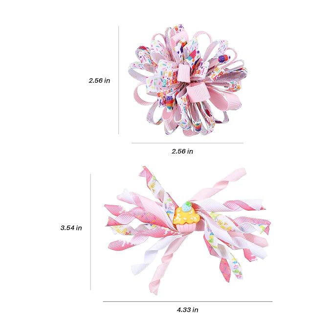 4pcs Happy Birthday Korker Hair Bow Clips for Baby Toddler Girls Ages 1-6, Pink Confetti Sprinkle Curly Ribbon Hairpins Alligator Barrettes,Kids Ice Cream Party Dress Accessory Gift