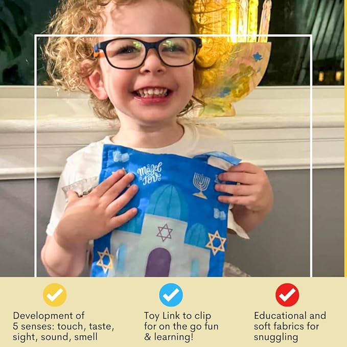 The Learning Lovey Baby Jack & Co 8x8” First Hanukkah, Passover, Shabbat, Rosh Hashanah, Yom Kippur, Sukkot, Purim.. Look & find The Star of David, Dreidel, Menorah on Crinkle Tag Toy