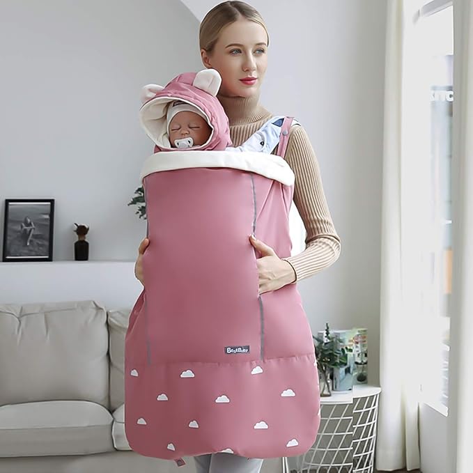 SONARIN Universal All Seasons Weather Cover for Baby Carrier,Cloak for Winter Warm,Footmuff,Windproof,Waterproof,Detachable hat(Pink)