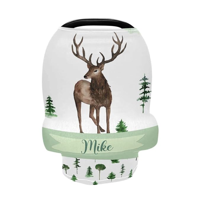 Personalized Baby Car Seat Cover for Boys Girls, Custom Nursing Covers for Breastfeeding with Name, Infant Stroller Cover, Baby Carseat Canopy for Newborn, Multiuse Car Seat Canopies, Woodland Deer