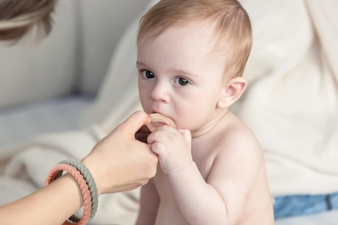 Socub Silicone Baby Teether Toy, 4 Pack BPA Free Soft Silicone Teether Bracelets for 3+Month Babies, Wearable as Bracelets, Baby Chew Toy (Sage/Ether/Muted/Apricot)