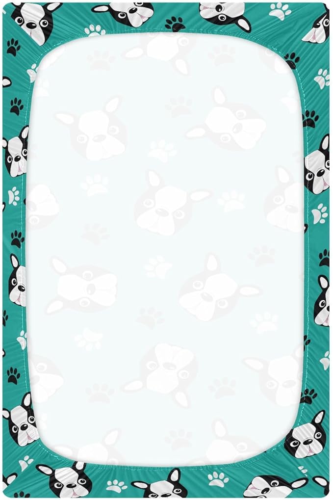 Boston Terrier Puppy Head Fitted Crib Sheets Stretchy Portable Playard Sheets for Baby Toddler, Breathable Soft Mini Crib Mattress 52 x 28 in for Boys and Girls