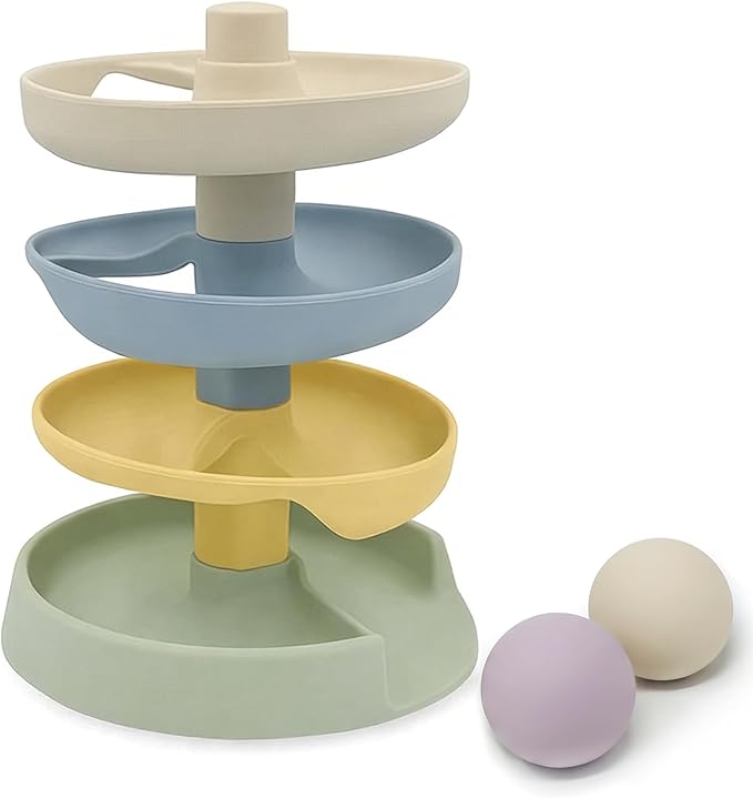 Little Rawr Silicone Ball Drop Tower Toy for Toddlers, 4-Tier Rolling Ramp Track with Wooden Balls, Soft Food-Grade Silicone Montessori Toy for Early Learning, Fine Motor Skill Development, Ages 1–3