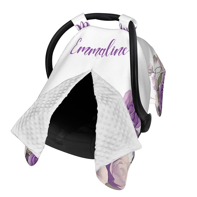 Custom Baby Name Nursing Cover Purple Floral – Personalized Car Seat Canopy, Stroller Cover, Baby Minky Blanket, Privacy Breastfeeding Cover, Soft Breathable Infant Shower Gift