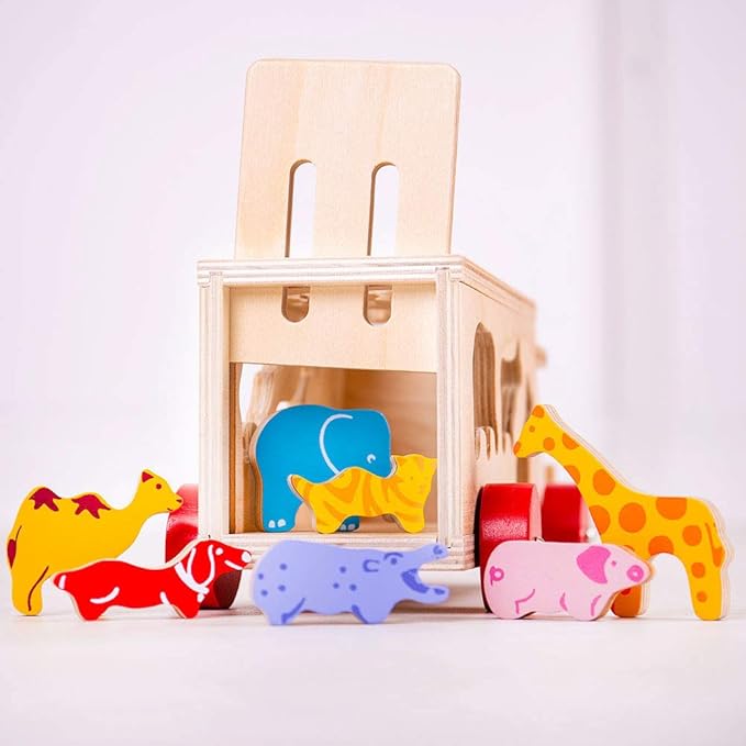 Bigjigs Toys, Animal Lorry Wooden Shape Sorter, Shape Sorters for 2 Year Olds, Pull Along Toy, Baby Wooden Toys
