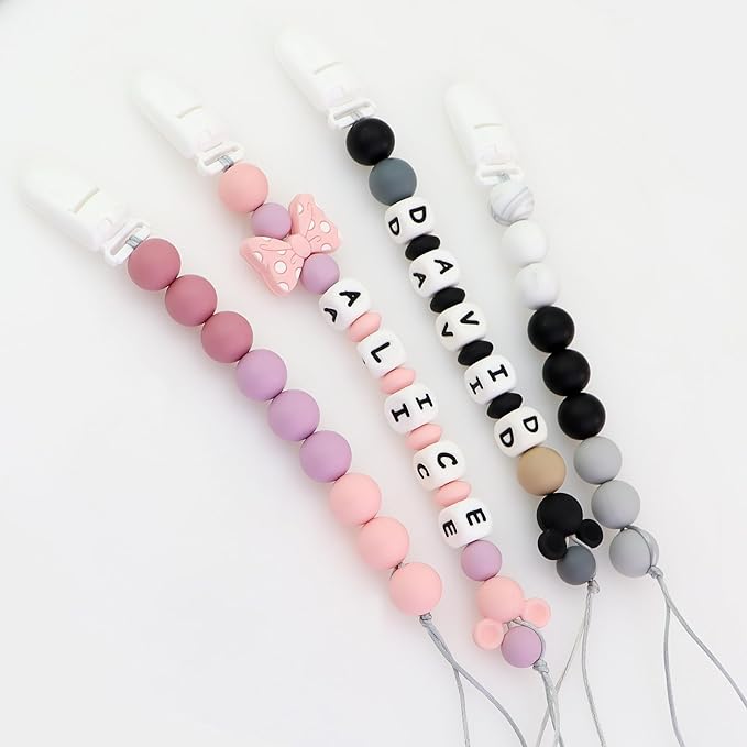 Personalized Pacifier Clip with Name, Customizable Pacifier Clip (2 Pack) (Mouse-Pink)