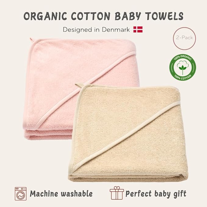 Hooded Baby Towels - 100% Organic Cotton Baby Bath Towels, 32" x 32" Super-Soft and Absorbent Baby Towels for Newborn Baby Girls 2-Pack (Blush/Fog)