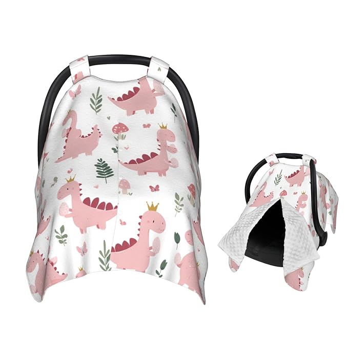 Cute Pastel Pink Dinosaurs Baby Car Seat Canopy Nursing for Breastfeeding Multi-Use Infant Stretchy Carrier Carseat Winter Cover for Newborn Girls Boys