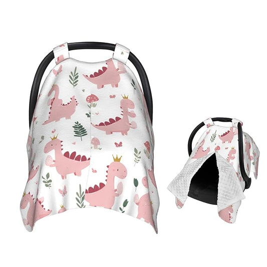 Cute Pastel Pink Dinosaurs Baby Car Seat Canopy Nursing for Breastfeeding Multi-Use Infant Stretchy Carrier Carseat Winter Cover for Newborn Girls Boys