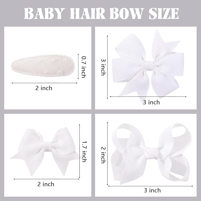 choicbaby 8pcs Baby Girl Hair Bow Clips Set, White Toddler Hair Clips Boutique Grosgrain Ribbon Bow Hair Barrettes Accessories for Infant Toddler Kids