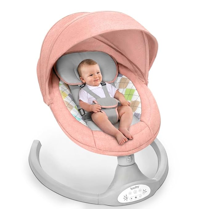 Bioby Baby Swing for Infants with 5 Natural Sway Speeds, Portable Bt Music Baby Swing with Remote Control & 5-Point Harness, Lightweight Baby Rocker for 5-20 Lb,0-12 Months Pink